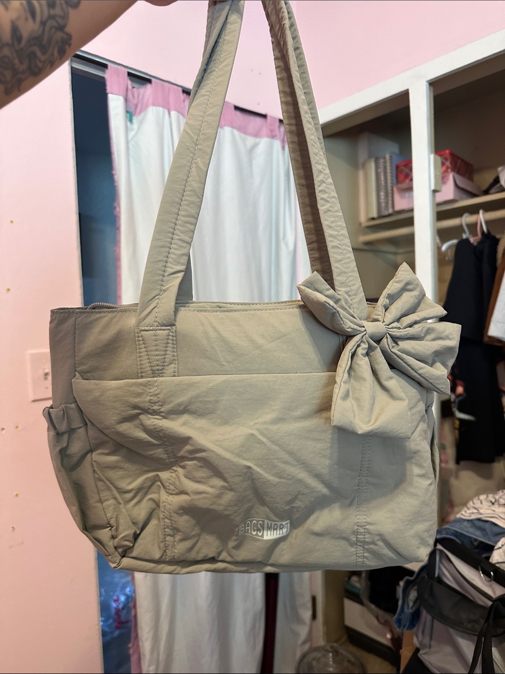 Beige Bow Accent Tote Bag for Women